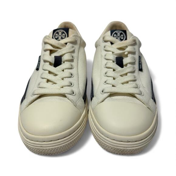 TORY BURCH Women's Classic Court Lace Up Canvas Sneakers Ivory & Black size 7.5M - Picture 2 of 12